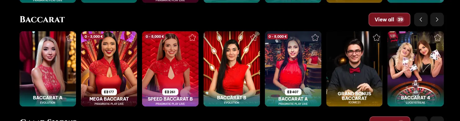 Stoly baccarat v live casino Spinogambino s reálnými krupiéry