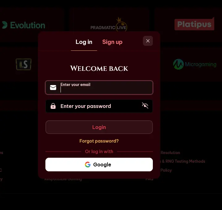 Přihlašovací formulář Spinogambino Casino s možností přihlášení přes Google