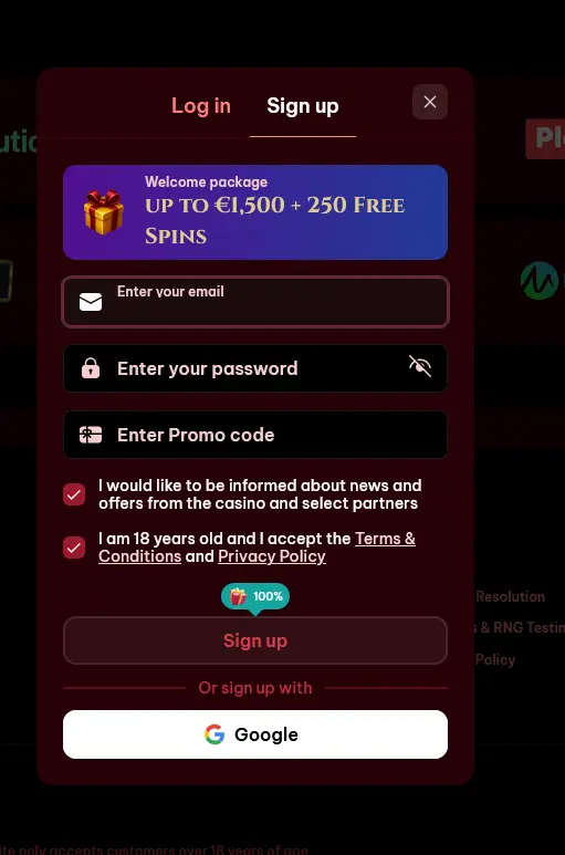 Registrační formulář Spinogambino Casino s uvítacím bonusem 1 500 € + 250 free spinů