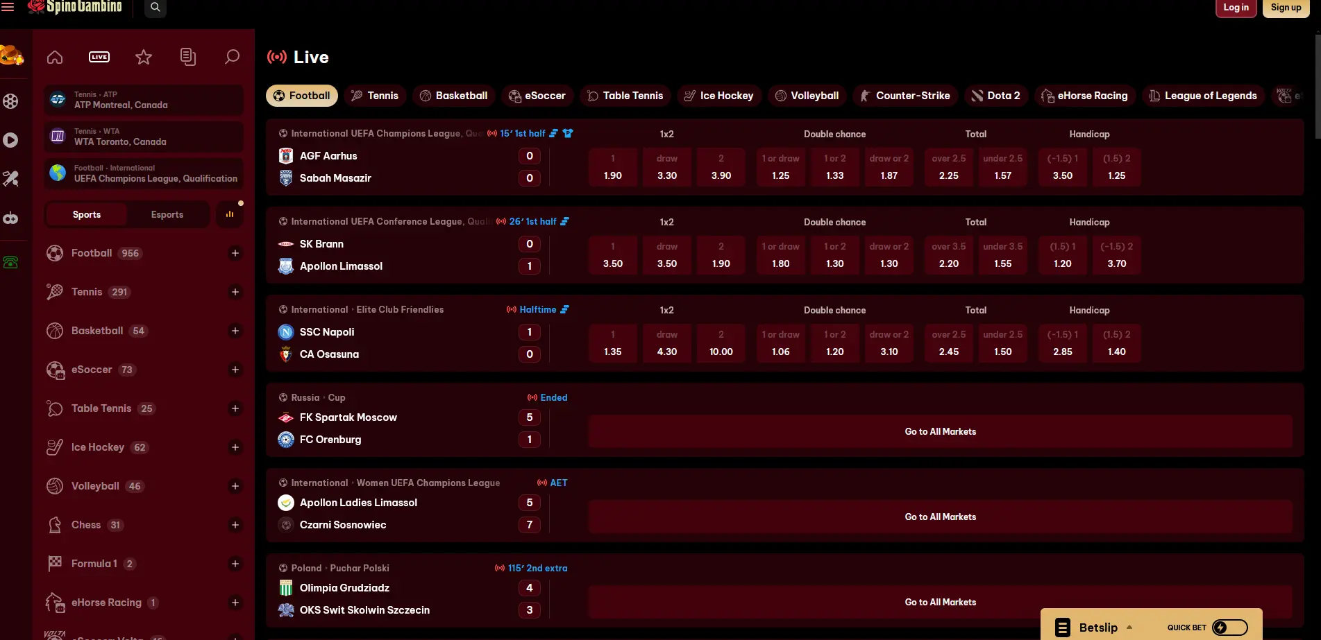 Sportovní sázení na živé zápasy ve Spinogambino Casino
